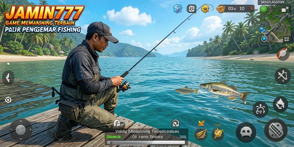 Tangkapan layar dari gameplay seru JAMIN777 saat memancing di lokasi indah.