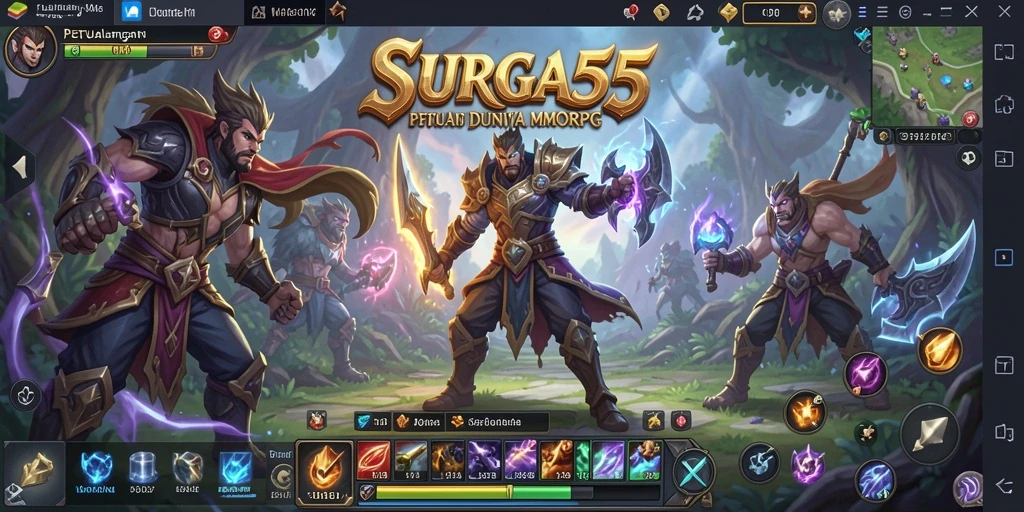 Screenshot gameplay SURGA55 yang menunjukkan pertarungan epik di dunia MMORPG.